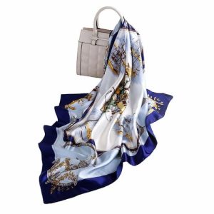 Women’s Vintage Silk Scarf – Elegant Blue Fashion Print