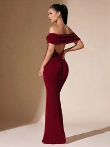 Wine Red Off-Shoulder Maxi Dress – elegant backless gown for women, full-length bodycon party dress, perfect for formal events and evening wear.