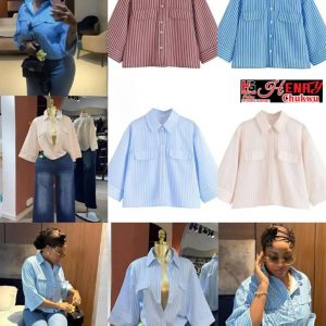 Trendy Cropped Striped Button-Up Blouse A woman wearing a cropped striped button-up blouse with jeans, showcasing its trendy design and flattering waist-length cut.