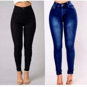 Two pairs of Women Denim Skinny Jeans in black and blue, showing a sleek mid-rise fit that contours the legs and enhances natural curves