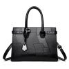 Front view of elegant black leather handbag with structured design.