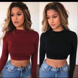 Front view of a woman wearing a Round Neck Full Sleeve Fitted Crop Top