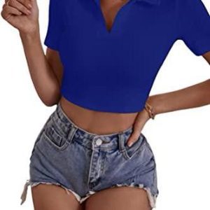 Blue Women’s Cropped Polo Top front view — short sleeve, collared, slim fit design.