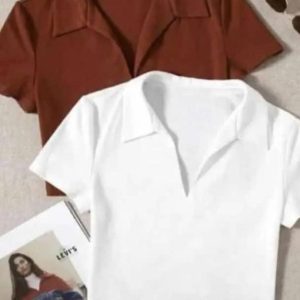 Women Cropped Polo Top styled with jeans, showcasing its sporty collar, short sleeves, and trendy waist-length cut.