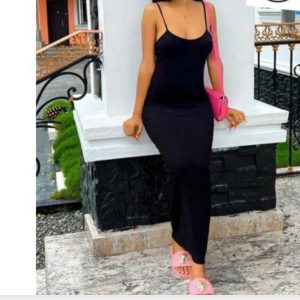 Front view of Spaghetti Sleeveless Black Bodycon Maxi Gown
