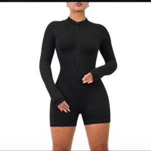 Black long sleeve zipper front bodycon romper for women – stretchy and fitted