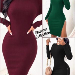 Solid Zipper Split Hem Bodycon Dress for women – long sleeve elegant stretchy gown with side slit
