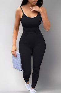 Front view of sleeveless spaghetti black bodycon jumpsuit