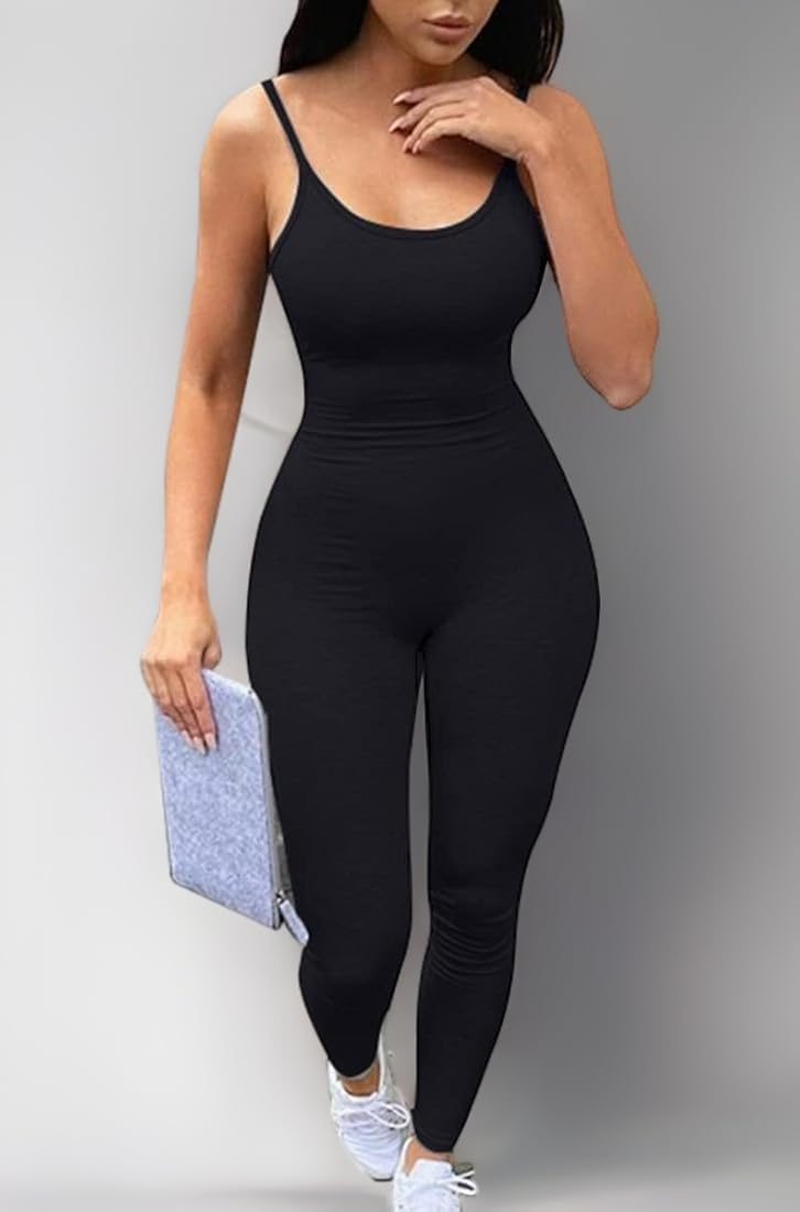 Front view of sleeveless spaghetti black bodycon jumpsuit