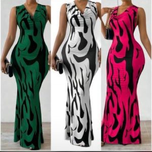 Elegant V-Neck Patterned Maxi Dress – Chic & Comfortable
