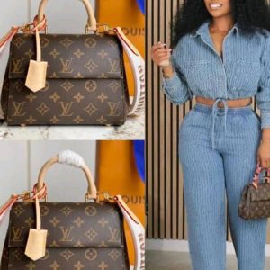 Front view of Louis Vuitton Cluny Mini handbag in classic LV pattern