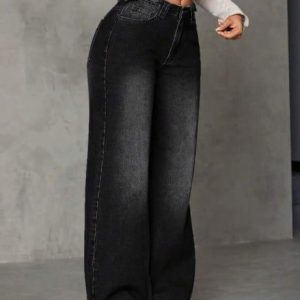 ront view of high-waisted black wide-leg jeans on a model