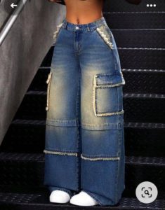 Women’s high-waisted wide-leg denim cargo pants front view