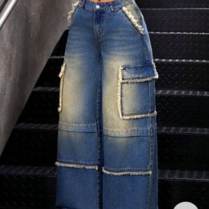 Women’s high-waisted wide-leg denim cargo pants front view