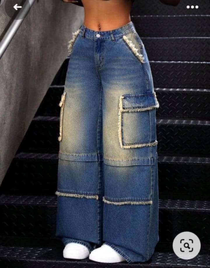Women’s high-waisted wide-leg denim cargo pants front view