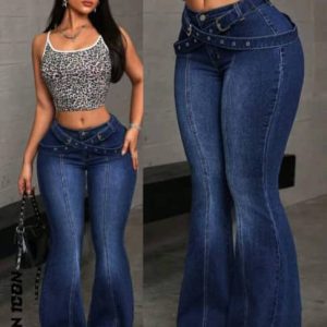 High-waist slim fit flared jeans with a criss-cross waist — trendy women’s denim for modern fashion lovers