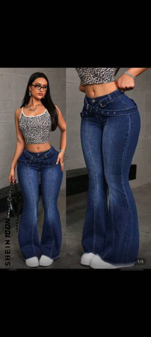 High-waist slim fit flared jeans with a criss-cross waist — trendy women’s denim for modern fashion lovers