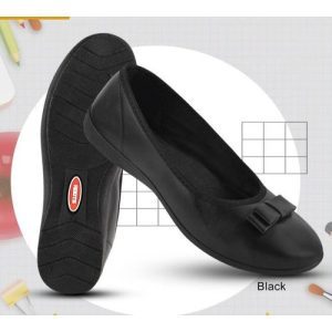 Side view of Roots Black Flats with Bow showing sleek design.