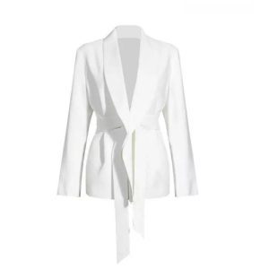 Women’s white tie-waist wrap blazer with long belt shown on plain background”