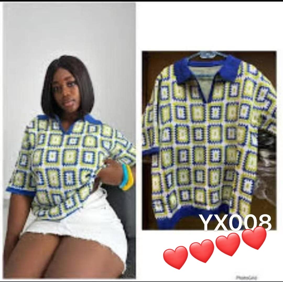 Crochet Polo Top | green, white, and blue checkered or grid pattern