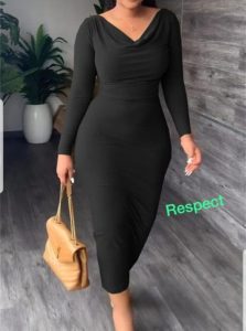 Women’s Black Cowl-Neck Long Sleeve Bodycon Midi Dress – Elegant Fit