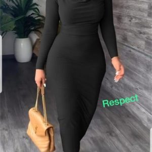Women’s Black Cowl-Neck Long Sleeve Bodycon Midi Dress – Elegant Fit