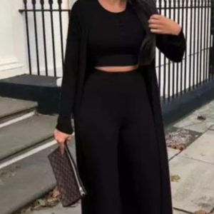 Women’s Black 3-Piece Co-Ord Set – Cardigan, Crop Top & Wide-Leg Trousers