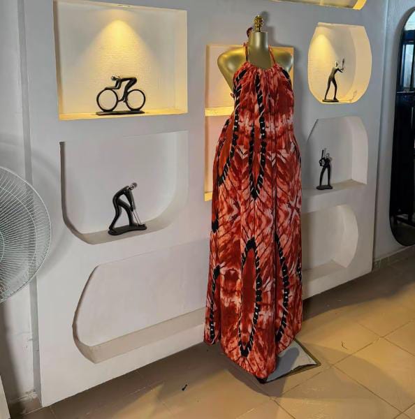 Adire Tie-Dye Maxi Gown – Elegant African Print Flow Dress