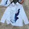 White Men’s Long-Sleeve Button-Down Vintage Shirt with Blue Feather & Bird Print