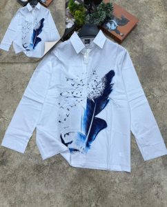 White Men’s Long-Sleeve Button-Down Vintage Shirt with Blue Feather & Bird Print