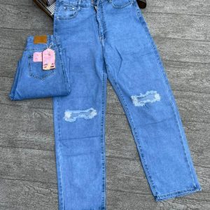 Women’s Ripped High-Waist Jeans – Straight-Leg Distressed Denim