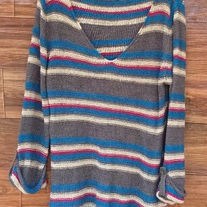 v neck with white red green stripe long sleeve top