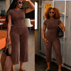 Brown Ribbed Co-ord Set – Women's 2 Piece Top & Trouser Set
