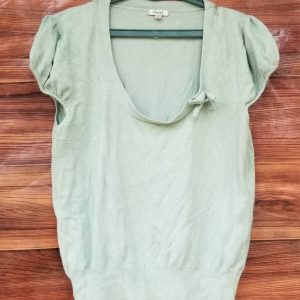 Text Mint Green Short Sleeve Blouse for Women – Soft Knit Top with Bow Detail