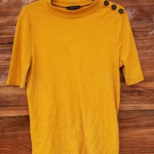 New Look Short Sleeve Mustard Yellow Top – Ribbed High Neck Top with Shoulder Buttons