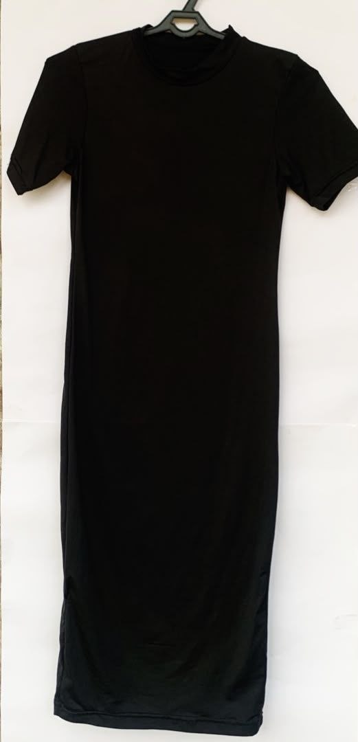 Black Short Sleeve Mock Neck Midi Dress for Women