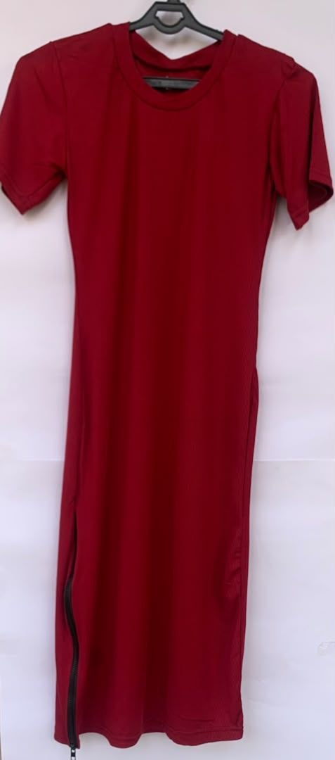 Wine Red Short Sleeve Bodycon Midi Dress for Women