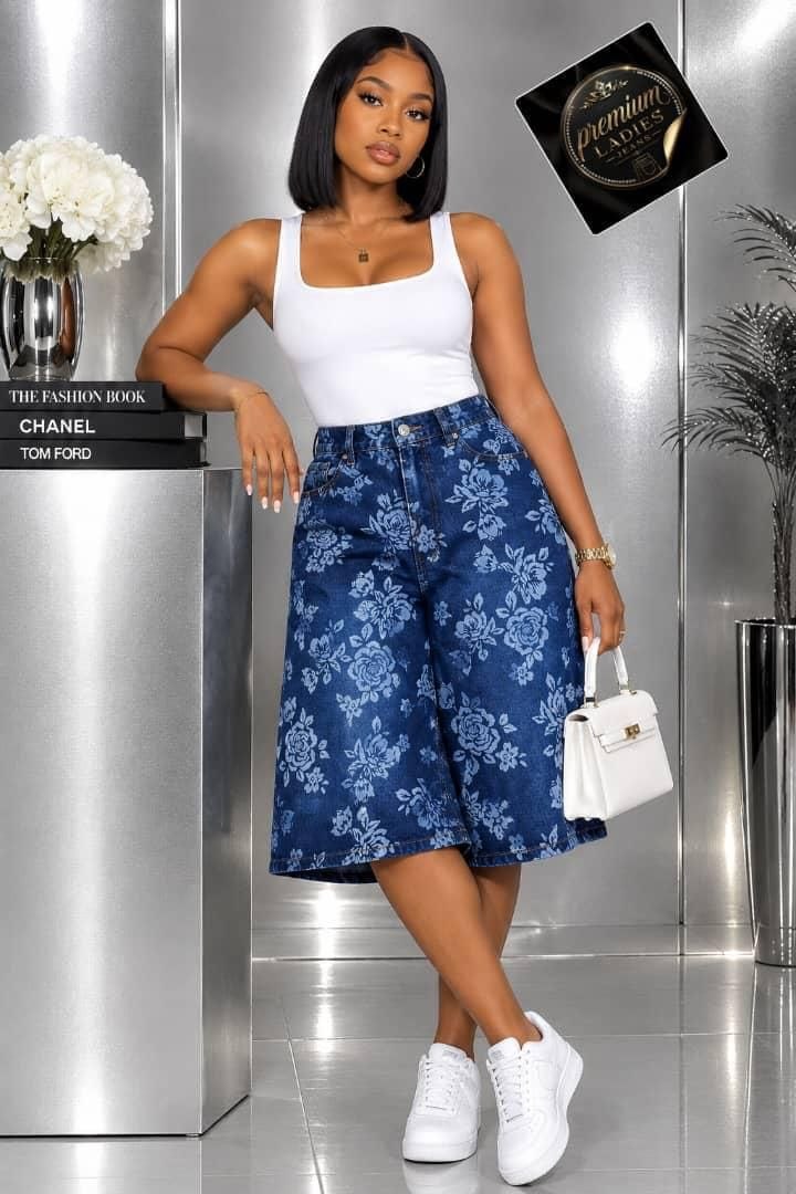 Blue Floral Print Denim Bermuda Shorts