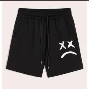 Black Sad Face Graphic Drawstring Shorts