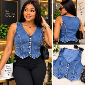 Blue Denim Button-Up Crop Vest