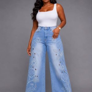 Women's High-Waist Embroidered Wide-Leg Jeans