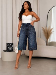 Women's Sparkle Wide-Leg Knee-Length Jeans