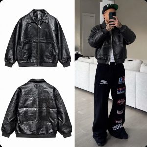 Black Leather-Look Bomber Jacket