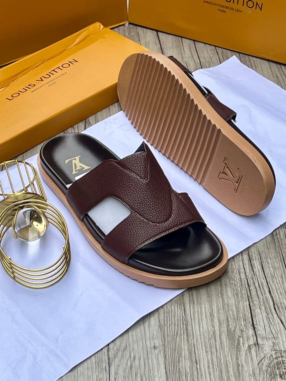 Men’s Brown Leather Slides