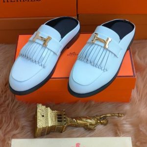 Men’s White Fringe Loafer Mules