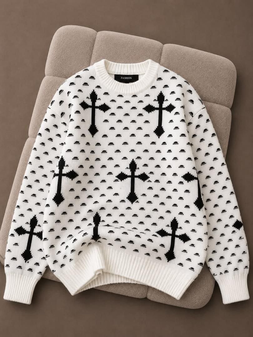 Unisex Cross Pattern Knit Sweater - Image 4
