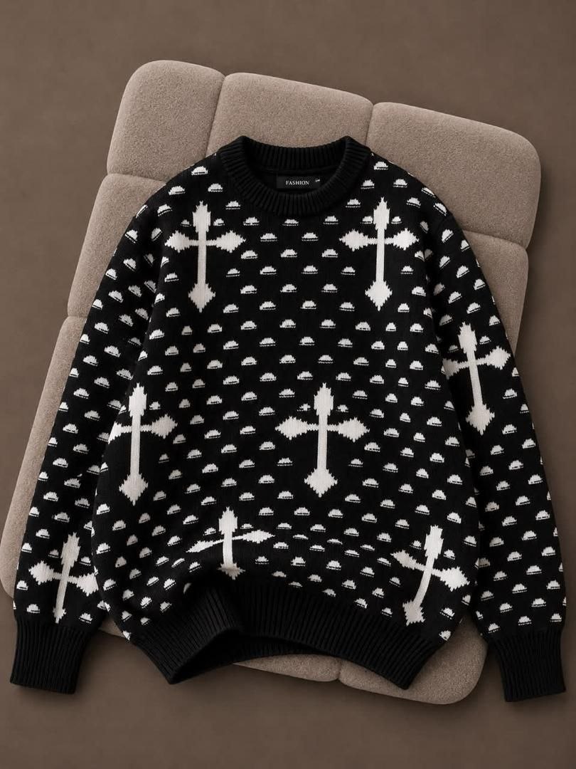 Unisex Cross Pattern Knit Sweater - Image 2