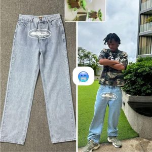 Men’s Light Blue Straight Leg Jeans with White Graphic Print