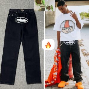 Men’s Black Straight Leg Jeans with White Graphic Print