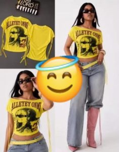 Yellow Off-Shoulder Graphic Tee with Side Tie Strings